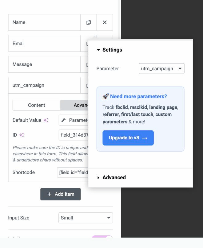 Parameters tag settings with the parameter dropdown