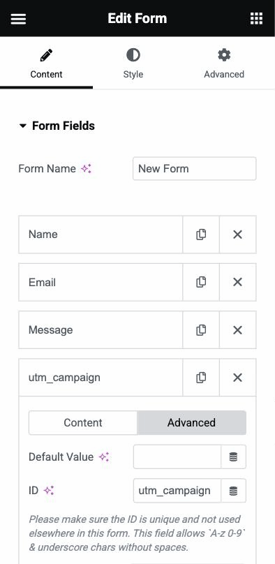 Hidden field with its ID set to utm_campaign