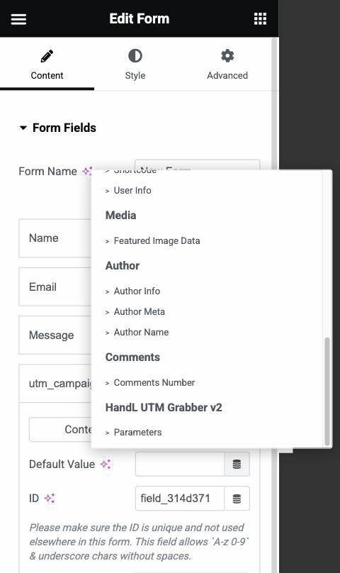 Dynamic Tags menu showing the HandL UTM Grabber Parameters tag