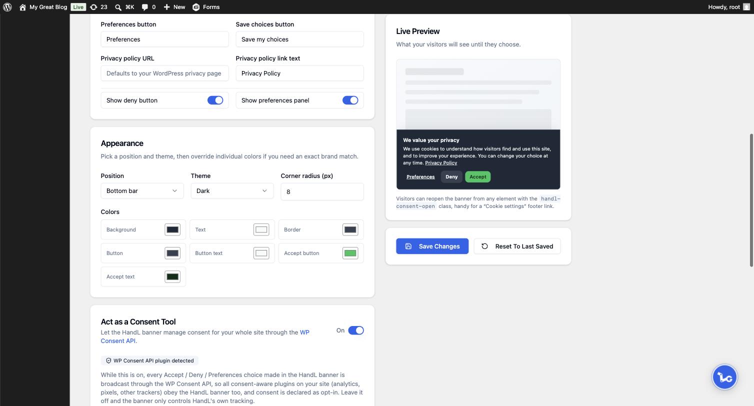 Appearance settings and Act as a Consent Tool