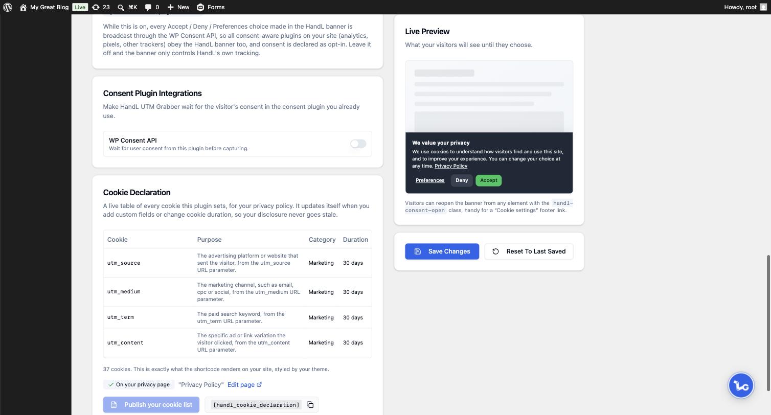 Cookie Declaration card on the GDPR tab