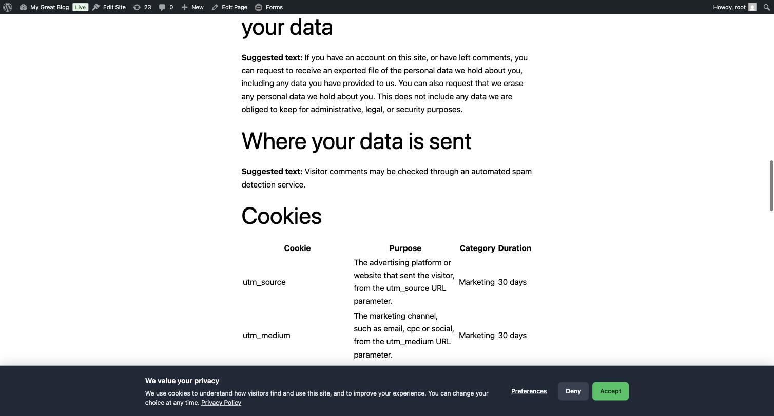 Cookie list rendered on the privacy policy page