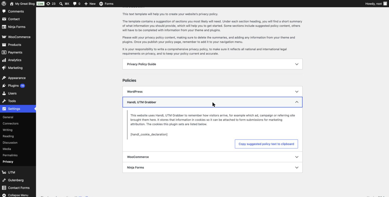 HandL section in the WordPress Privacy Policy Guide