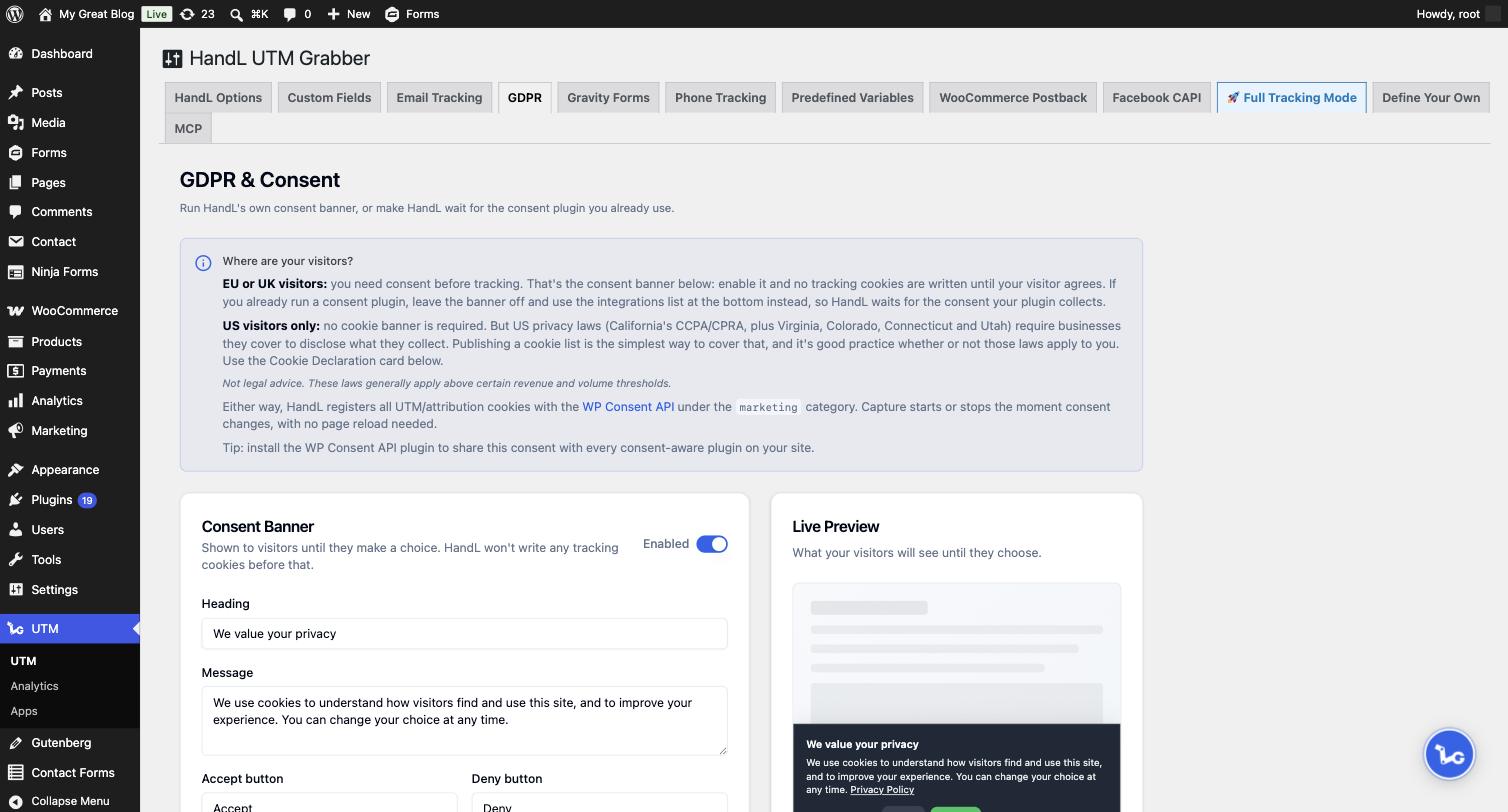 The GDPR tab in HandL UTM Grabber