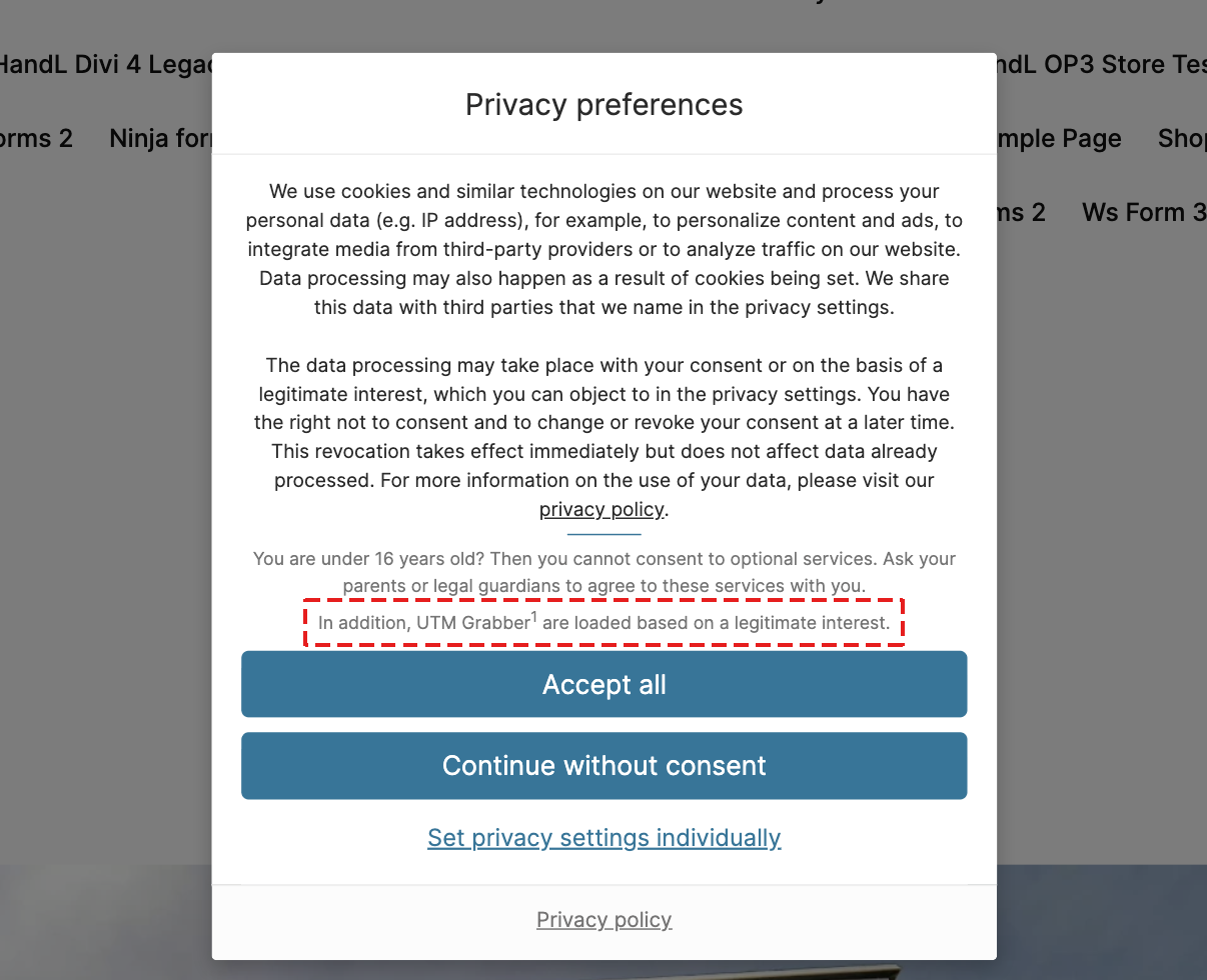 Cookie banner with UTM Grabber